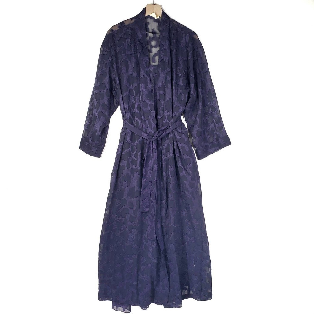 Vintage 80s Victoria's Secret 2pc Nightgown Slip S Robe M Semi Sheer Navy Purple